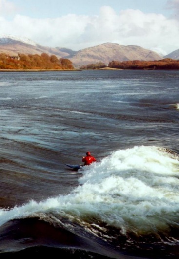 Gwyn on the Forever wave, Falls of Lora, western Scotland